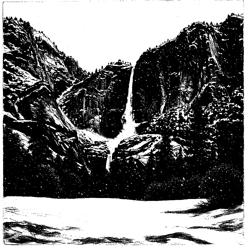 Yosemite fall with no people • Extreme weather displacement.