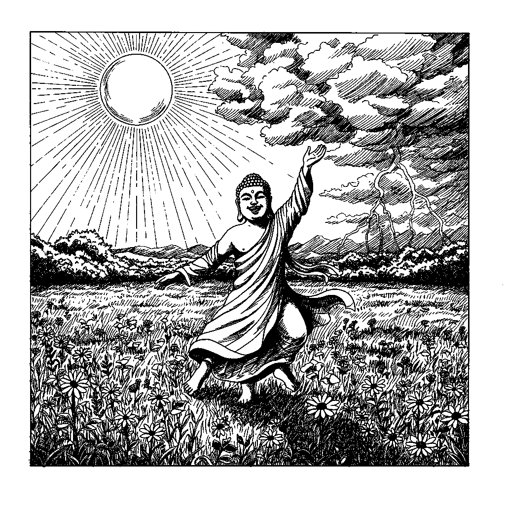 Dancing smiling Buddha sunny day lush meadow wildflowers • Extreme weather events intensify