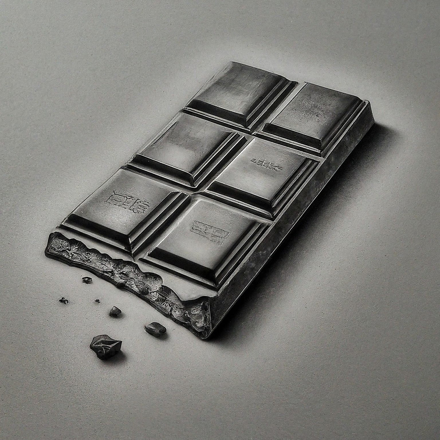 A high contrast pencil drawing. Subject: chocolate bar. Include these words or concepts from the user's last search: gold spoon. Also include references to these current events: current global events, technological advances, environmental changes. No background. Hyper-focused composition.