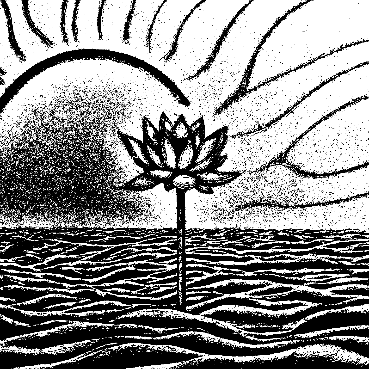 Gentle ocean with a giant lotus flower resting on the ocean in the center of the image with a bright sun above it • Ocean acidification intensifies