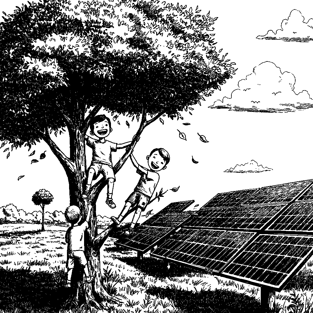 Happy calm sunny tree boys • Solar energy grid expansion