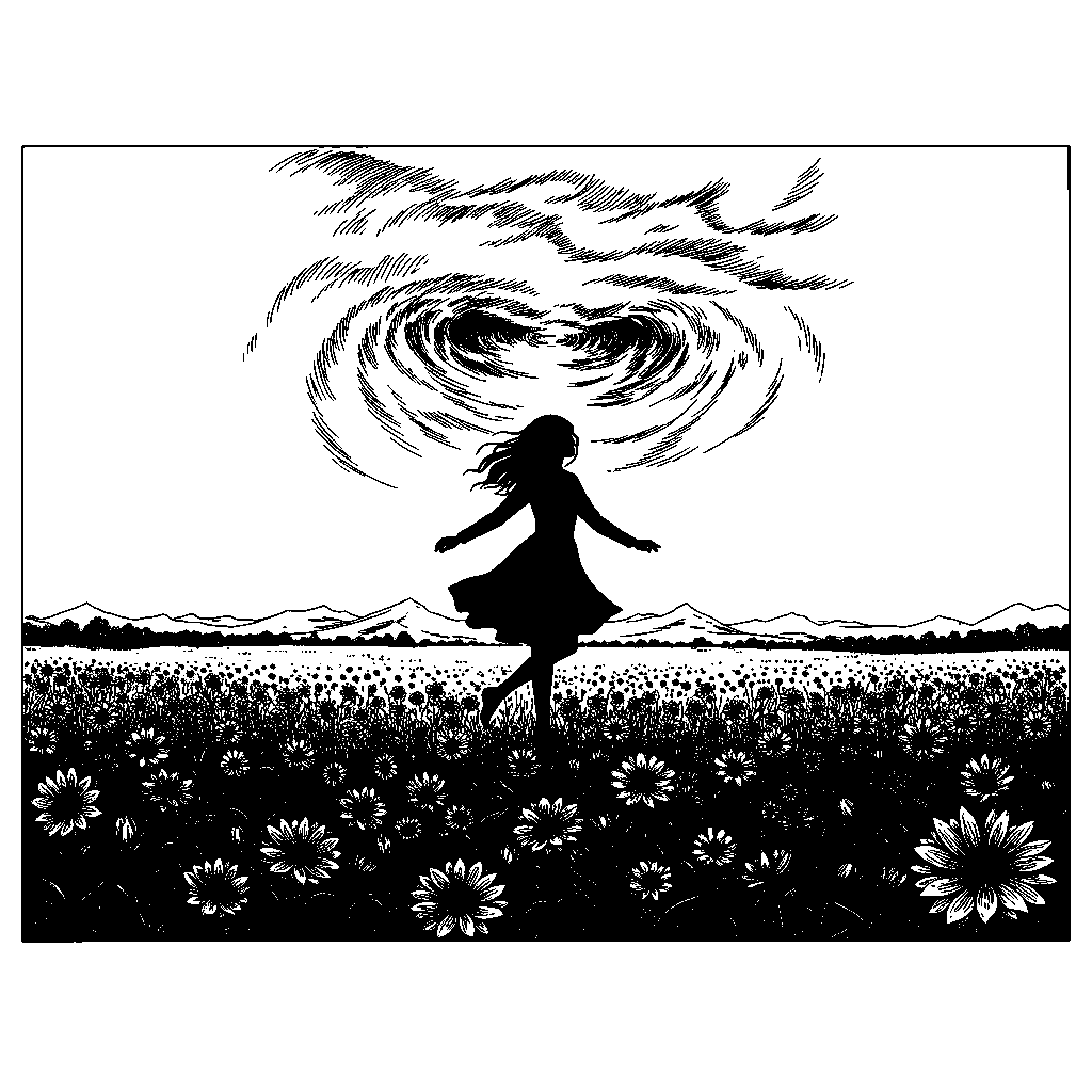 Siluette girl dancing in the flower field • Extreme weather intensification