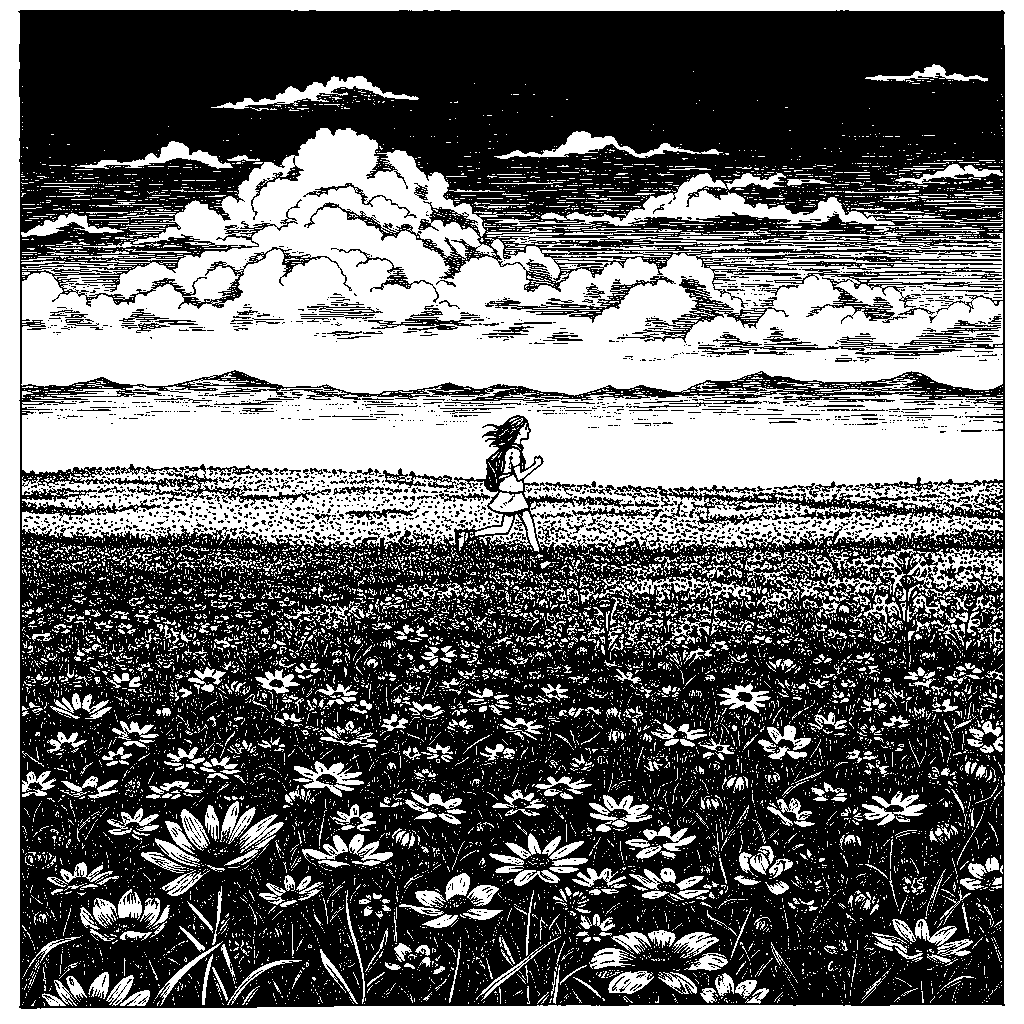 Girl running through flower field • Climate migration intensifies.