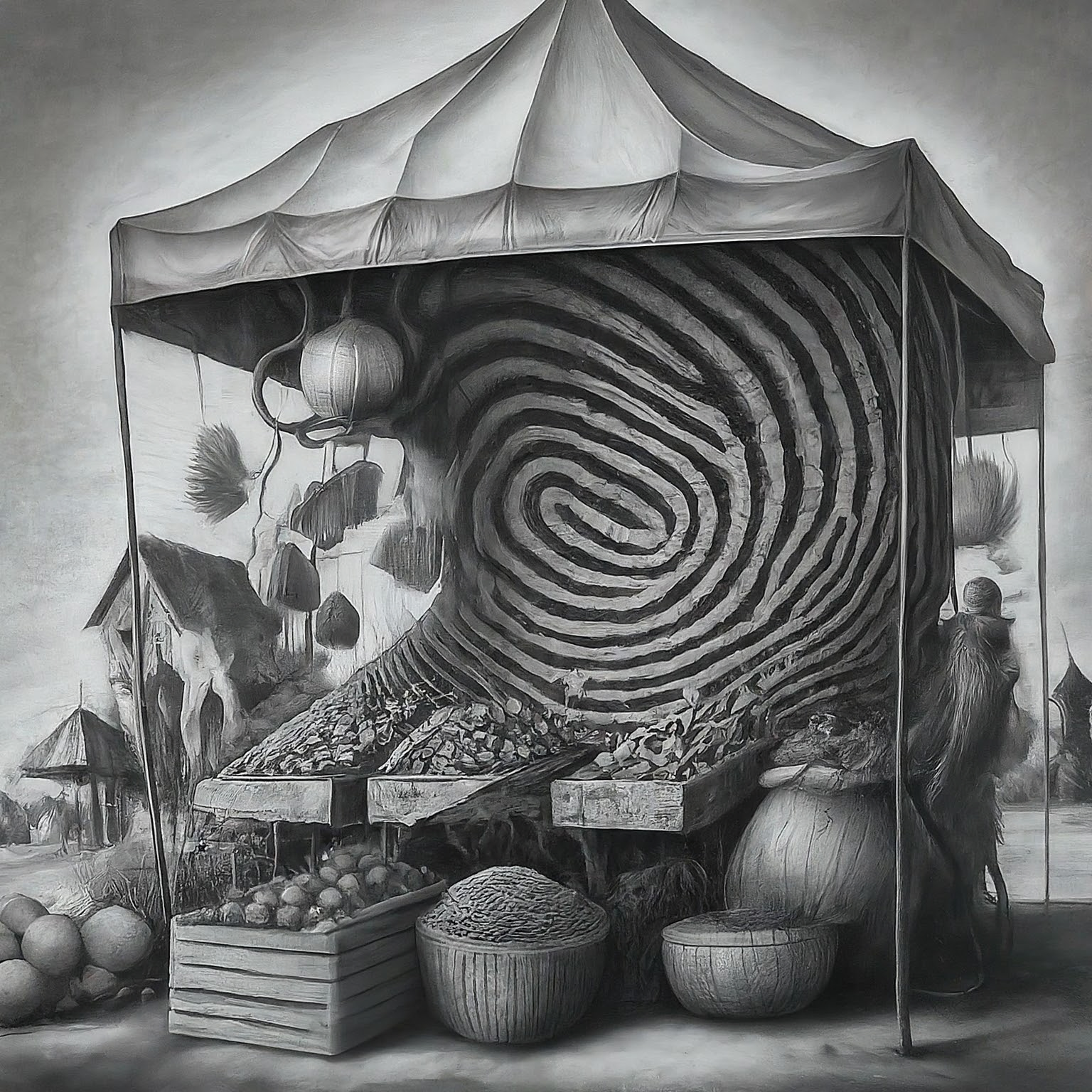 Create a surreal, high contrast pencil drawing that blends these ideas into one unified, imaginative concept: 1. fingerprints 2. open air markets 3. Biometric data breaches escalate The result should be one wild visual composition where all elements fuse into a single scene or subject. No background. Hyper-focused composition.