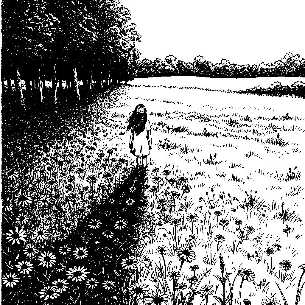 Girl in wild flower field on a sunny day • Extreme weather events increase.
